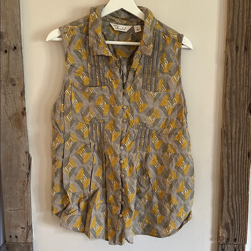 Yellow and Gray Sleeveless Button Down Shirt